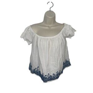 ZARA BASIC Women's XS Embroidered Blouse White with Blue Off-the-Shoulder